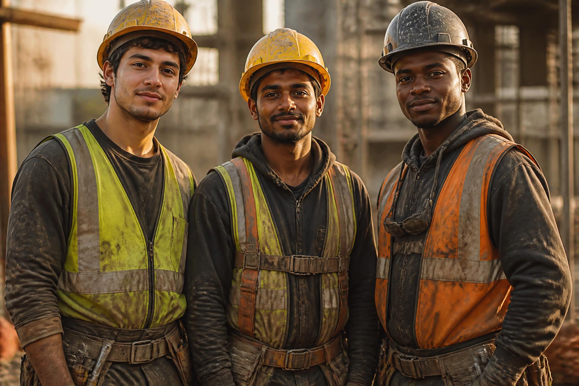 Diverse young male workers — Asian, Black, Georgian, Indian — standing together in work clothes